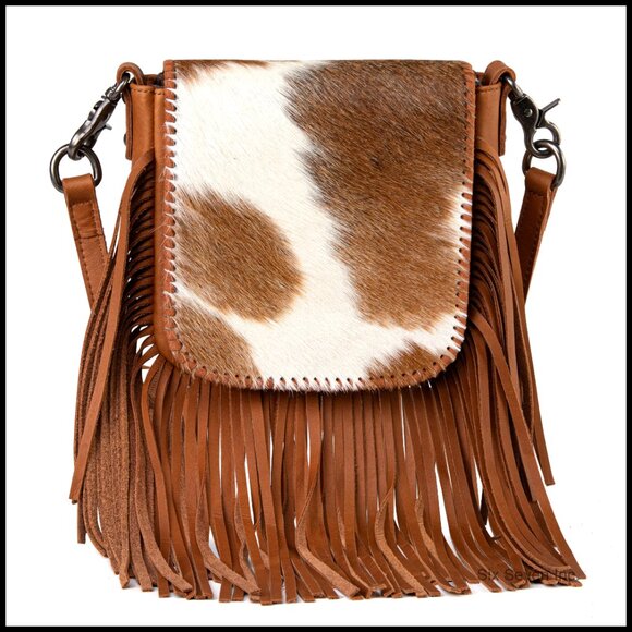 Genuine Leather Crossbody Bag with Fringe Western Purse